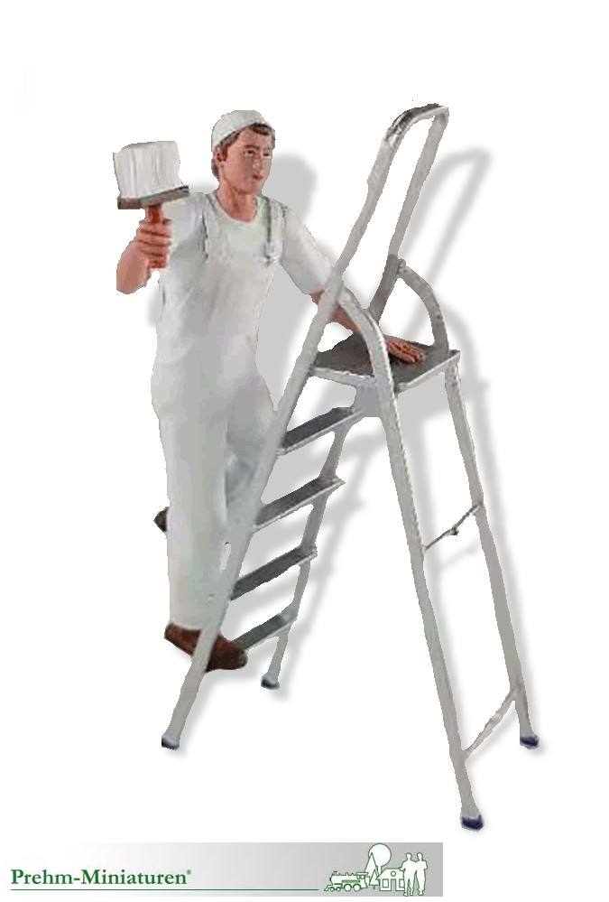 Prehm-Miniaturen Art.-Nr. 500601- Das Modell eines Anstreichers auf einer Leiter Der typisch gekleidete Handwerker  hat im Set eine Leiter um auch an höheren  Flächen mit dem Pinsel zu arbeiten. 
